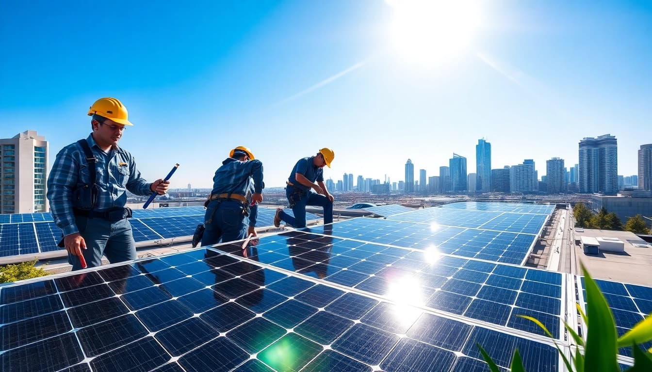 Die Installation von Photovoltaik Leads auf modernen Gebäuden mit Technikern und solaren Elementen.