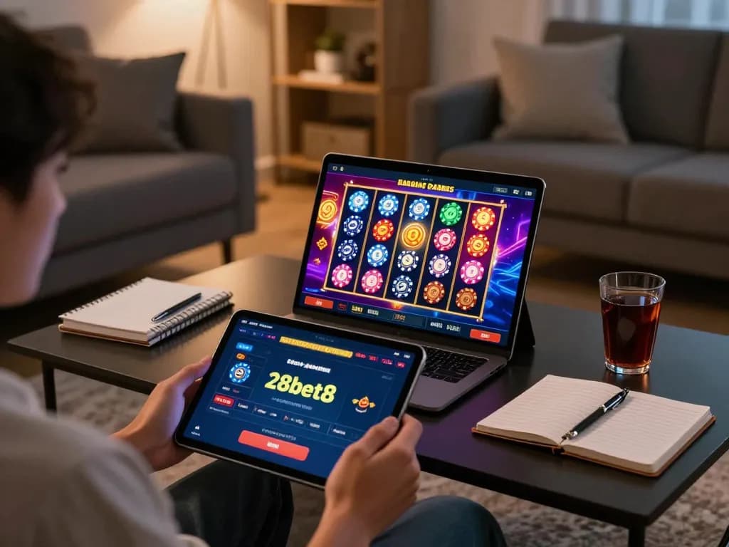 Player enjoying a slot game on the 28bet8 app, showcasing interactive online gaming.