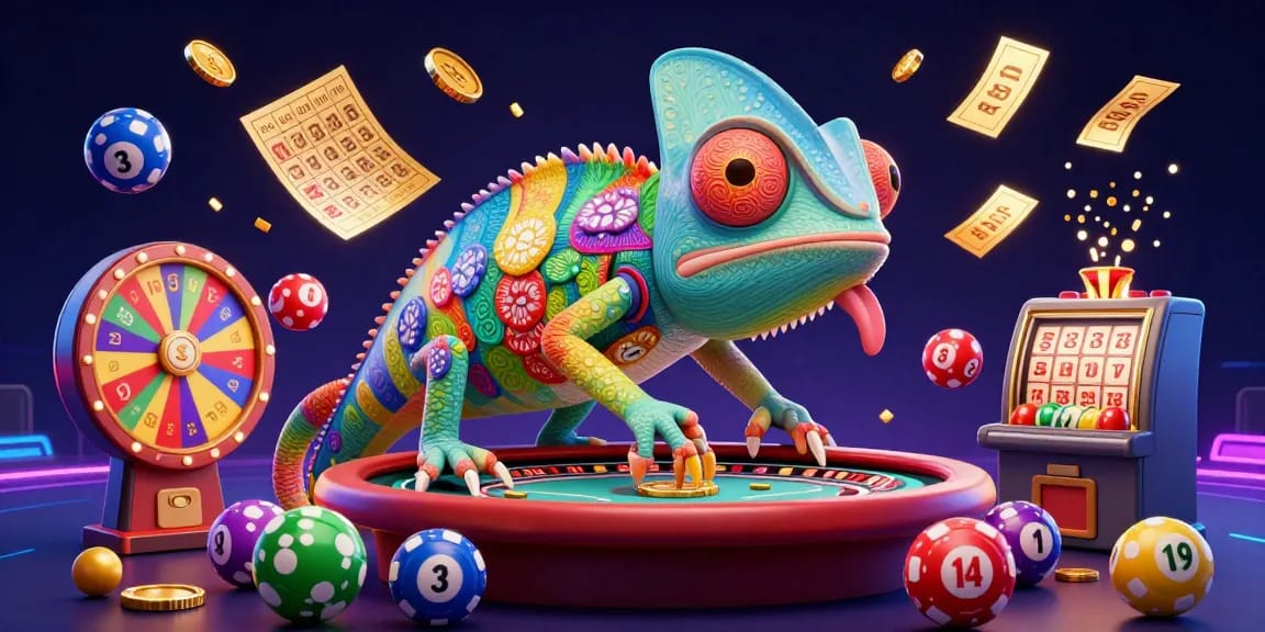 Engage in exciting gameplay with badak178 as the chameleon casino owner watches over vibrant lottery action.