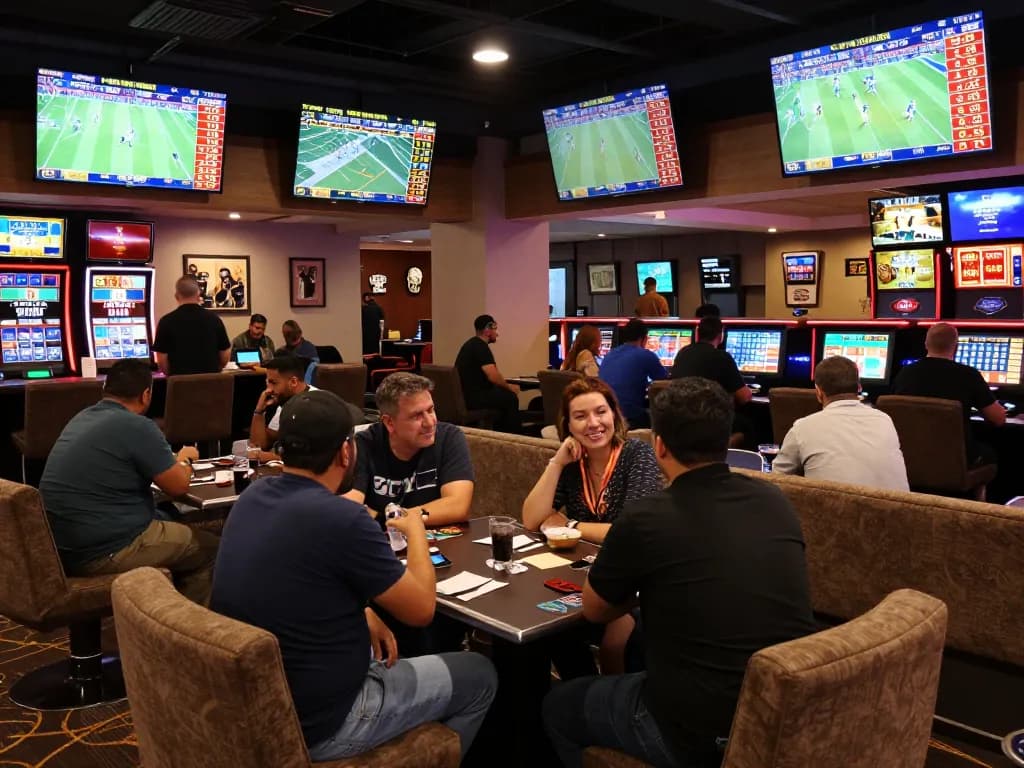 Tỷ lệ kèo nhà cái 5 shown on multiple screens in a busy sports betting lounge full of excitement.