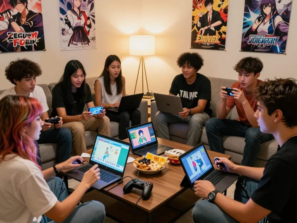 Friends enjoying game sex together in a vibrant living room, depicting social gaming experience with multiple devices.