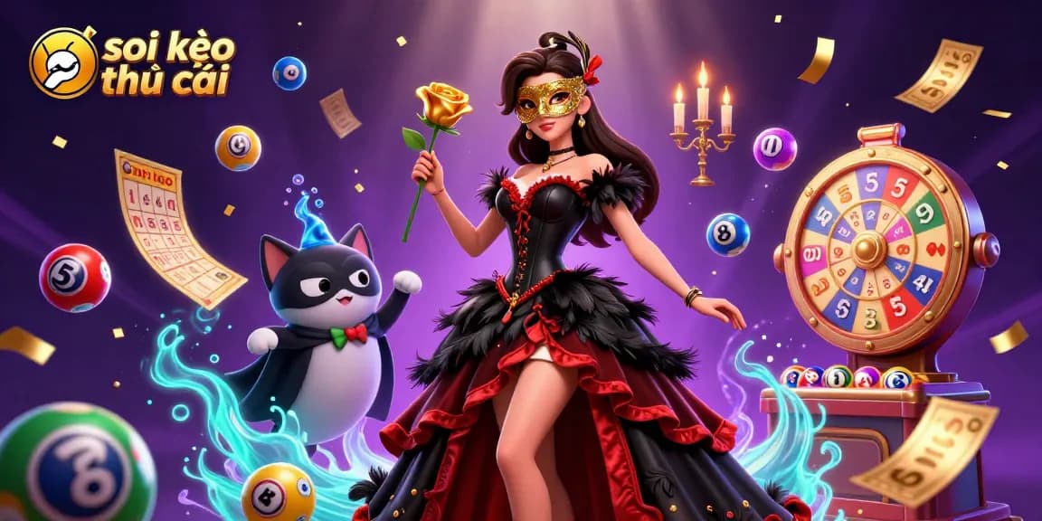 Soi kèo nhà cái expertly illustrated with a stunning woman in a masquerade gown and dynamic gaming elements.