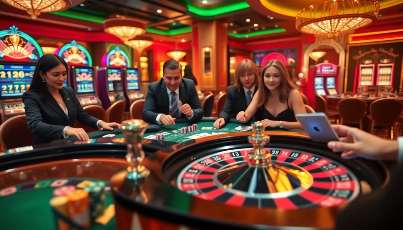 Bancadoithuong players strategizing at a vibrant casino table with poker chips and cards.