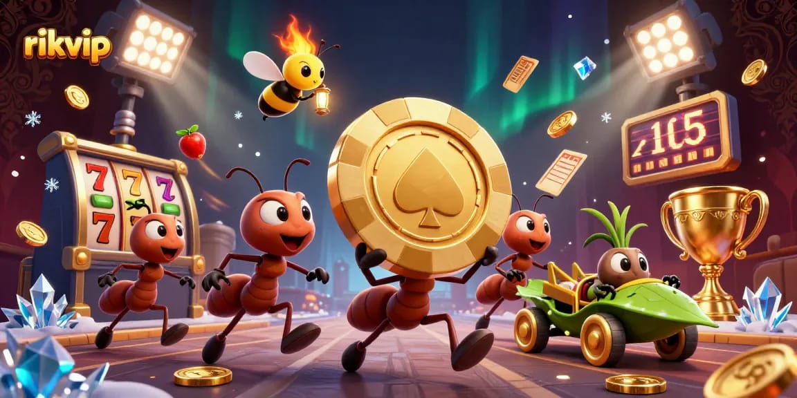 Experience the excitement of rikvip as animated ants execute a heist for a giant poker chip in a lavish casino.