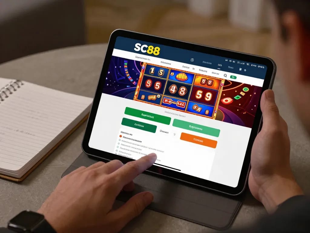 Engaging in đăng ký SC88 with an online casino tablet setup in a cozy home atmosphere.