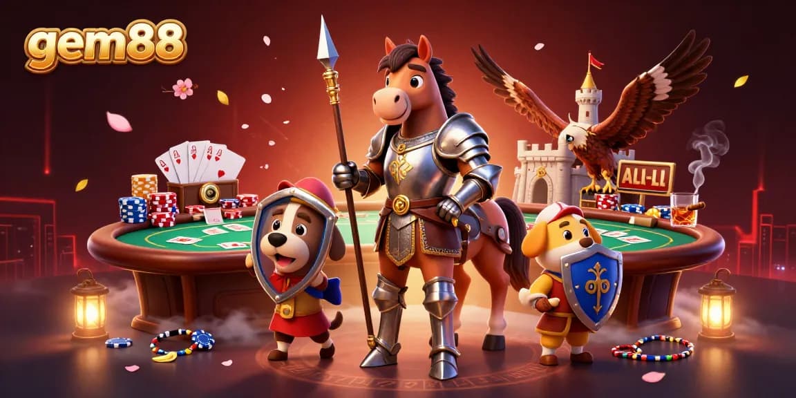 Win big at gem88 with a lively poker scene featuring a medieval knight, puppy, and falcon in a casino.