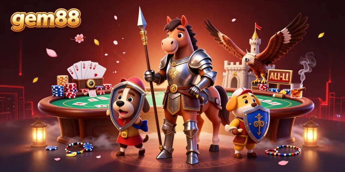 Win big at gem88 with a lively poker scene featuring a medieval knight, puppy, and falcon in a casino.