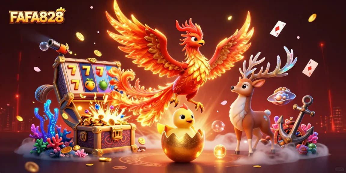 Engage your luck with FAFA828 as a phoenix rises amidst slots and treasures.