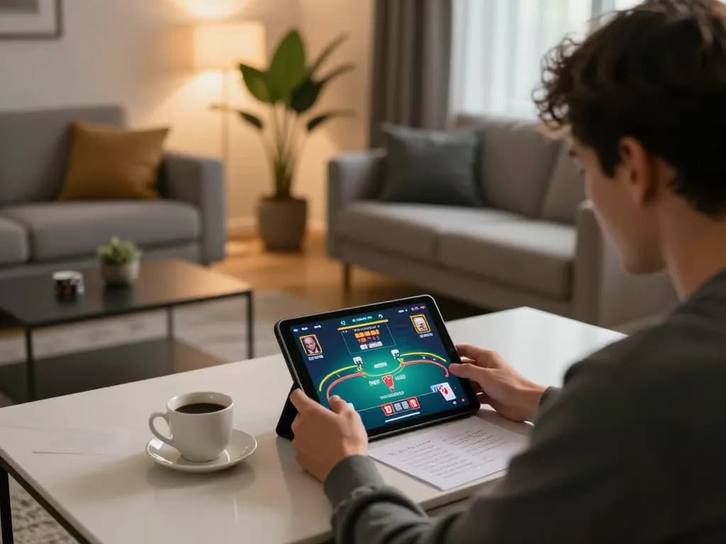 Engaged player using go99com app on tablet for exciting poker session in a cozy living room.