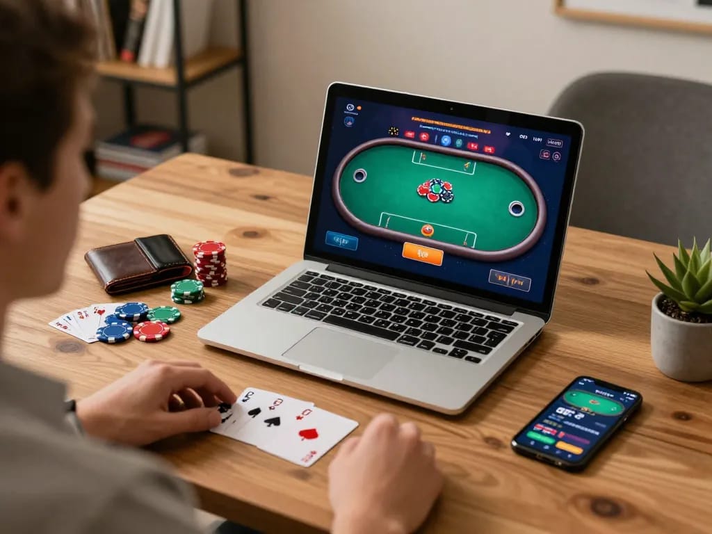 Player engaged in an online poker game on OPEN88, showing strategy and focus in a cozy home office.