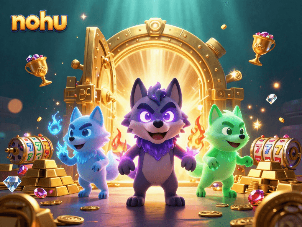 Nohu enhances your gaming flair with a vivid scene of ghostly wolves and slot reels, embodying casino excitement.