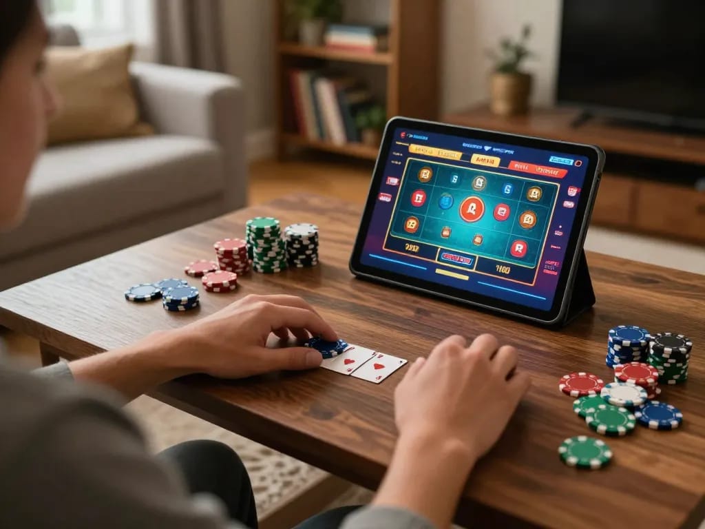 Player engaging with online casino app on tablet in cozy home setting, showcasing sun win features and strategic gameplay.