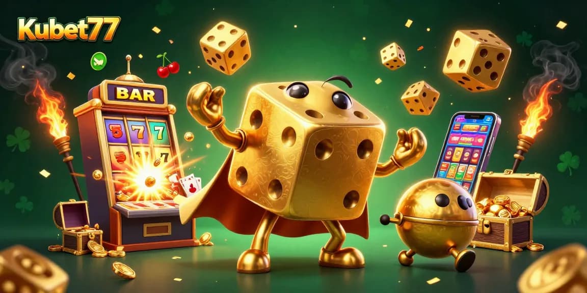 Kubet77 introduces an engaging scene with a golden dice golem juggling, surrounded by dynamic casino elements portraying thrilling gaming action.
