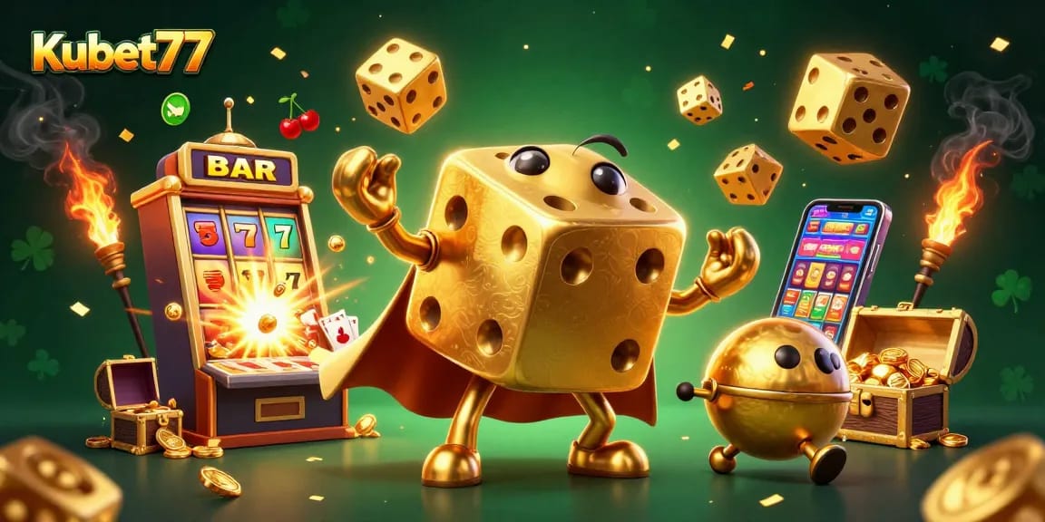 Kubet77 introduces an engaging scene with a golden dice golem juggling, surrounded by dynamic casino elements portraying thrilling gaming action.