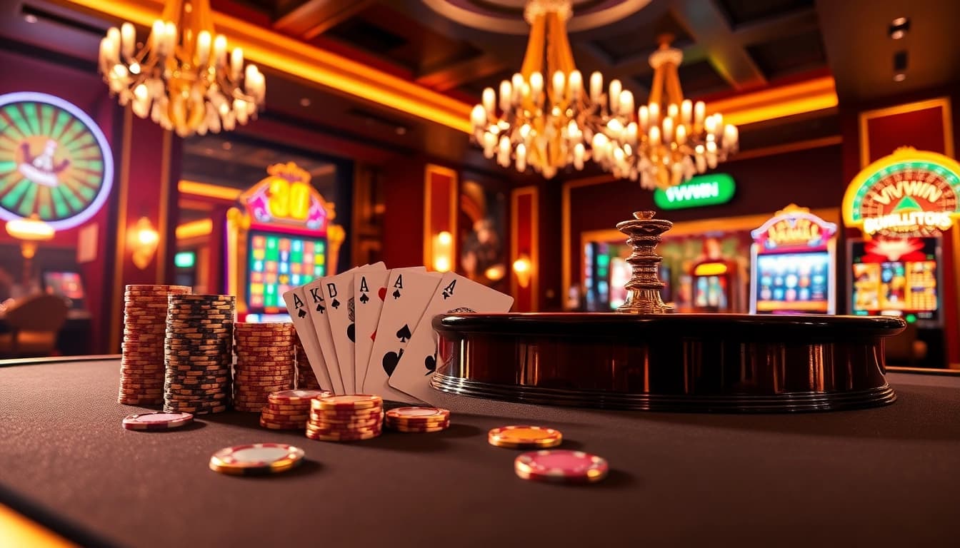 Experience the excitement of VVVWIN with vibrant casino tables and luxury gaming elements.