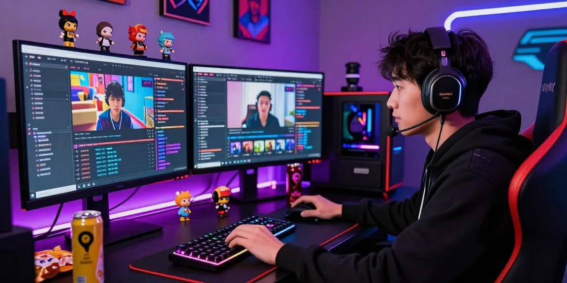 Twitch Follower kaufen in einem modern beleuchteten Gaming-Setup mit Streaming-Studio und Engagement-Statistiken.
