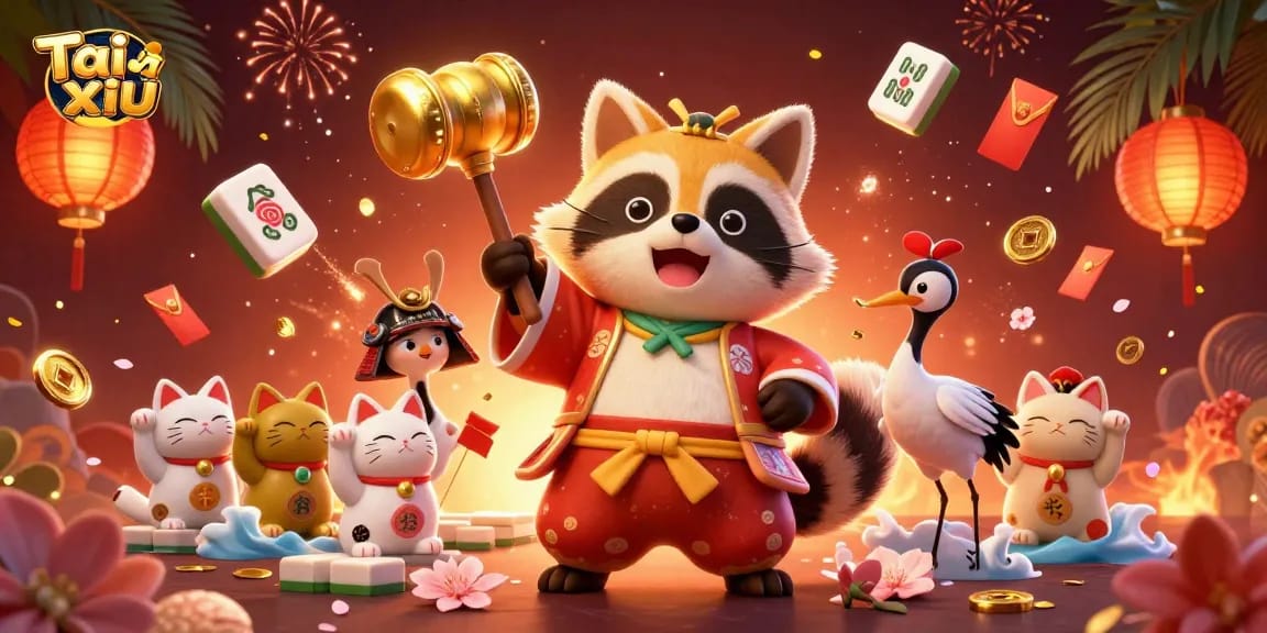 Experience Tai xiu with a cheerful tanuki and festive elements in this vibrant casino illustration.