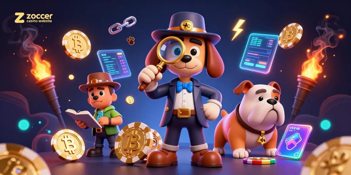 Zoccer Casino Webseite: Ein 3D-Hundedeckung untersucht einen goldenen Pokerchip, umgeben von Kryptowährungen und Casino-Elementen.