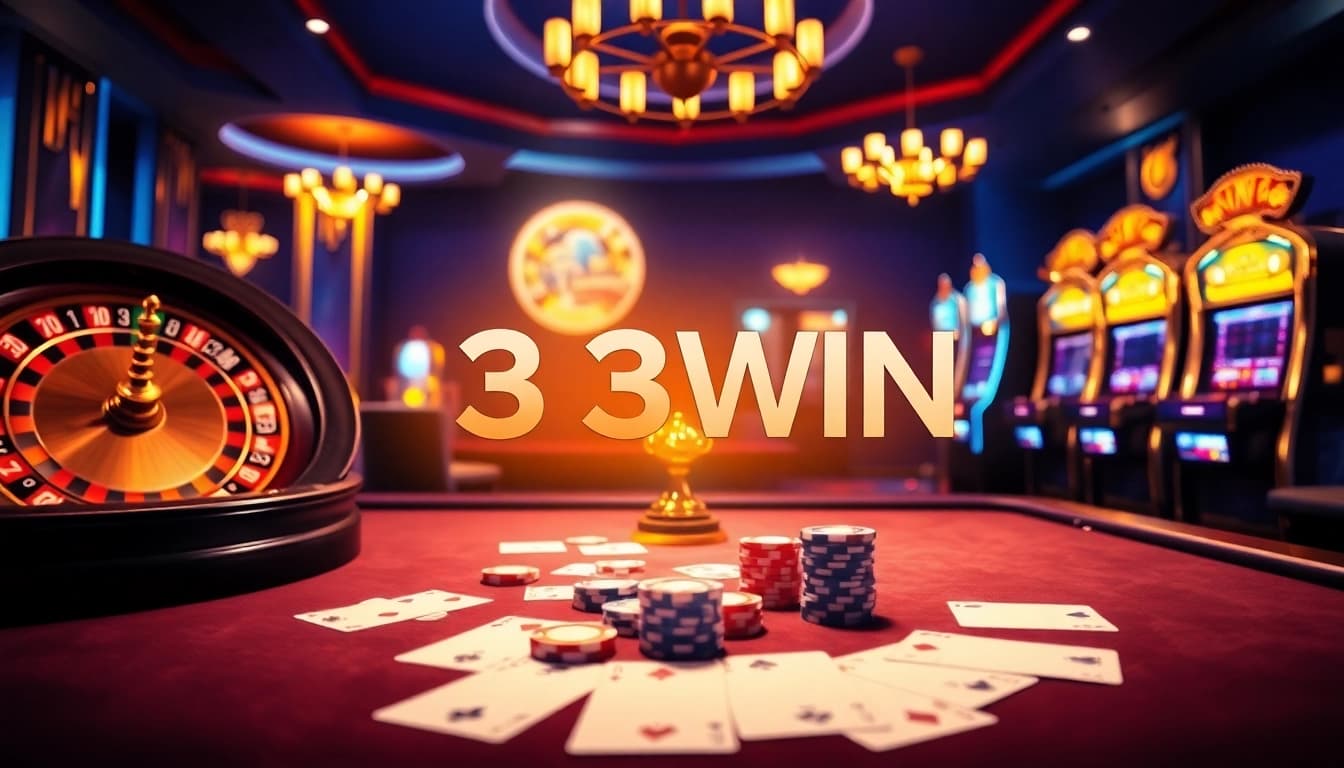 Experience the thrill of casino games at 33WIN with vibrant roulette, chips, and poker cards