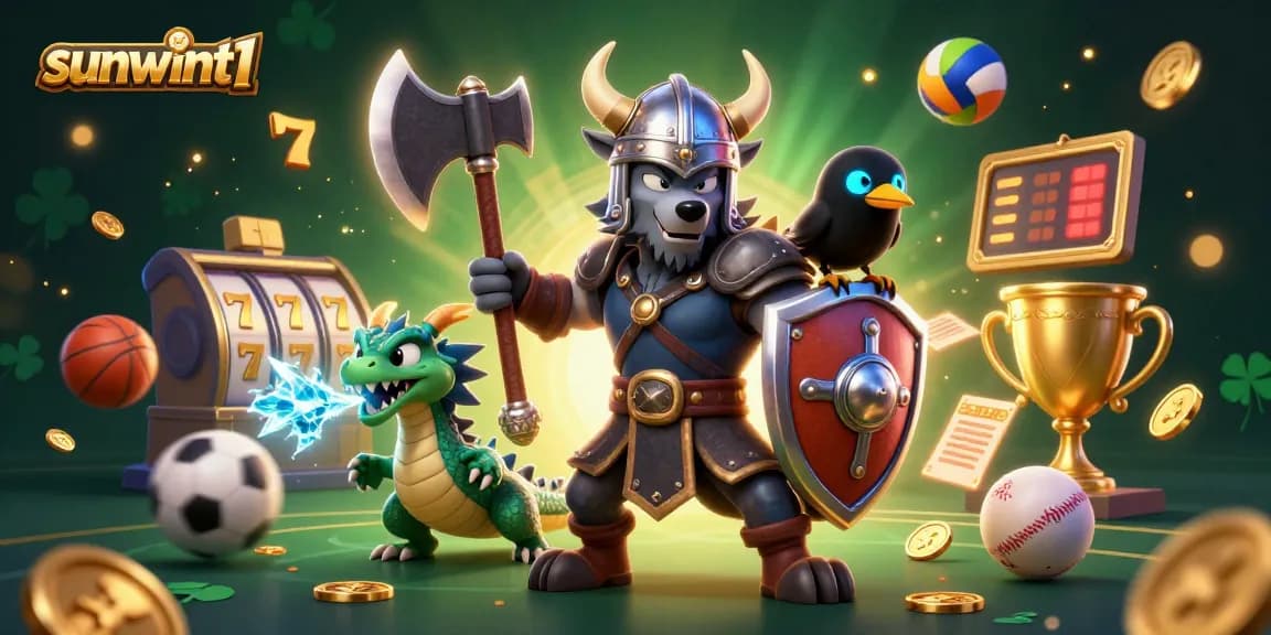 Engage with thrilling gameplay at sunwint1 as Viking warriors, dragons, and sports elements abound in a vibrant casino scene.