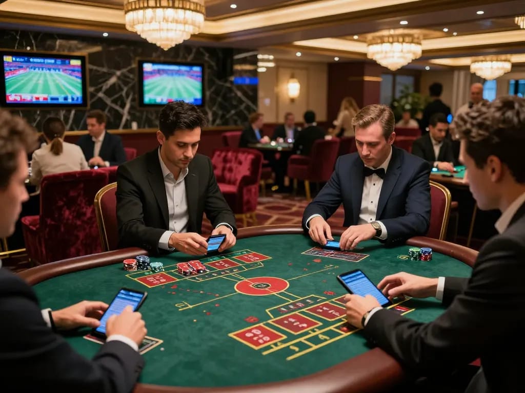 Sportpoolfocus players strategizing sports bets at an upscale casino table with warm lighting.