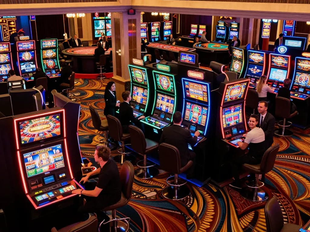 79king-vn players celebrating wins at bright slot machines in an exciting casino atmosphere