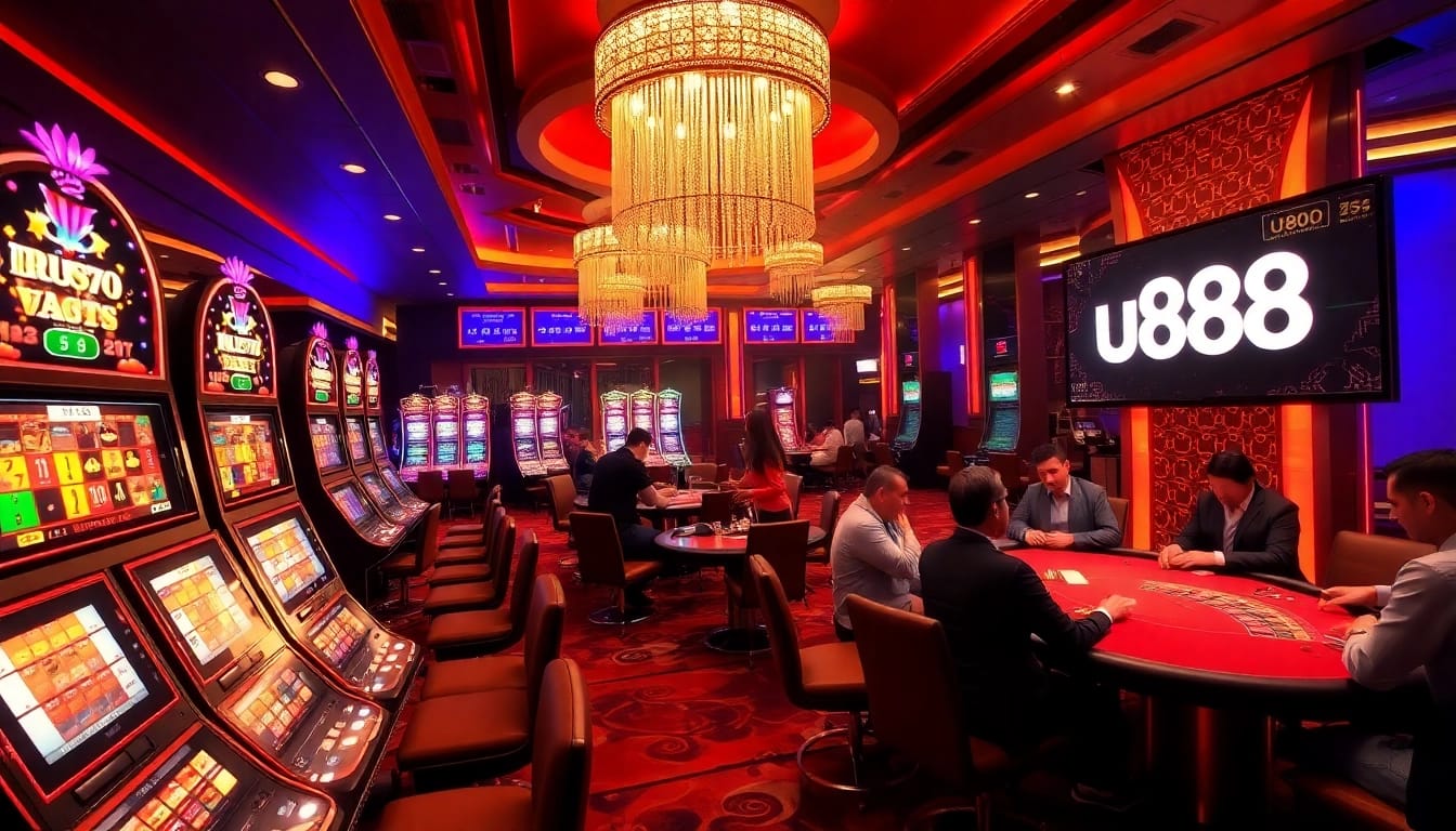 Exciting casino atmosphere with u888 logo, vibrant slot machines, and roulette wheel.