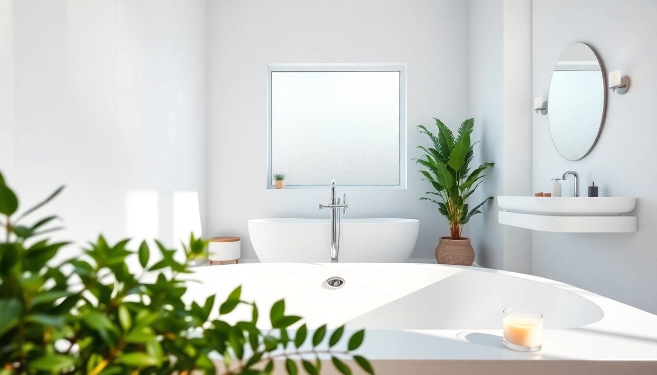 Transform your bathroom remodeling with a serene, modern design featuring a sleek bathtub and natural elements.