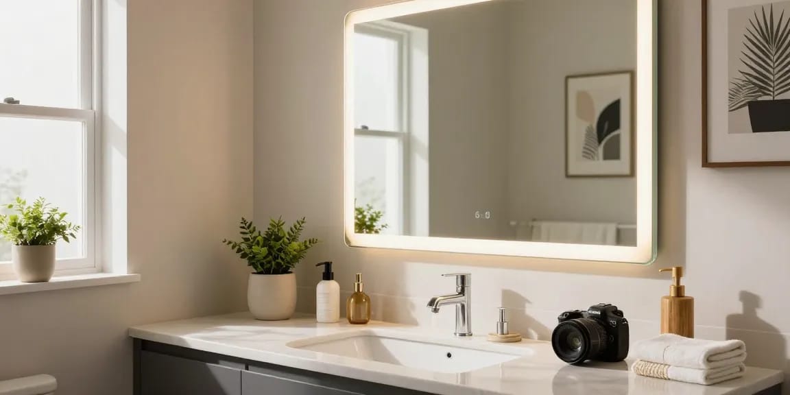 Ontdek een elegante badkamer spiegel die een moderne badkameropstelling verfraait met warme LED-verlichting en stijlvolle decoratie.