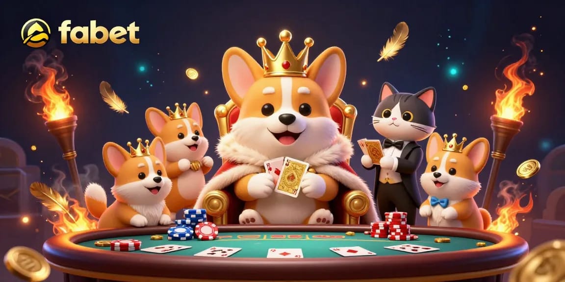 Play thrilling games at fabet with a royal corgi on a poker chip throne.