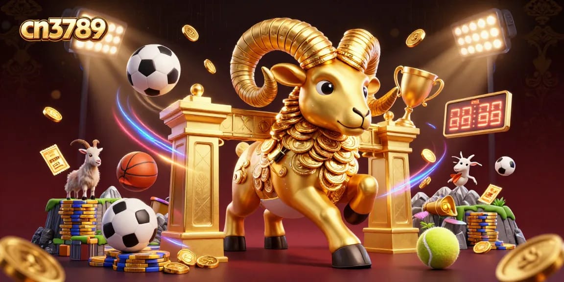 Experience the thrill of cn3789 with a golden ram charging through a dynamic casino sports scene, packed with exciting elements.