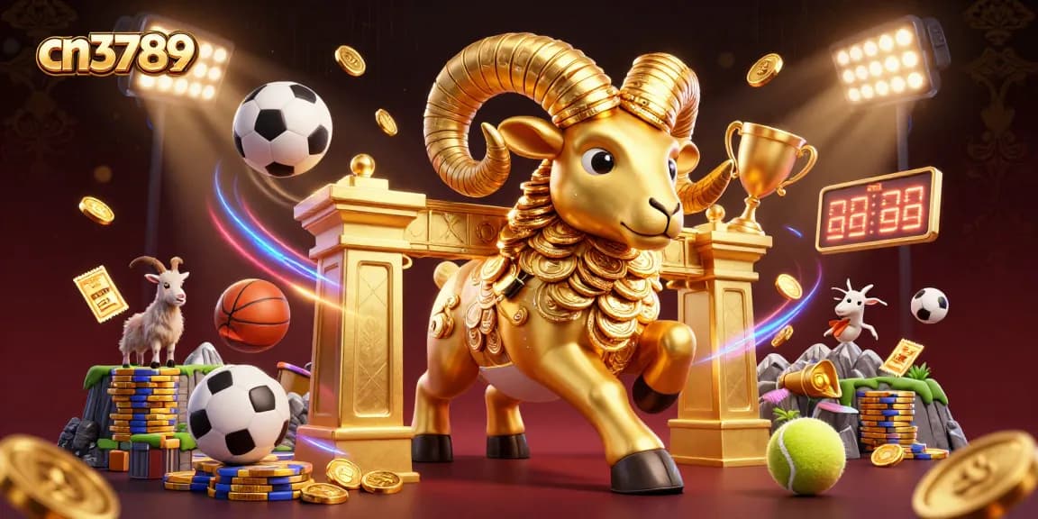 Experience the thrill of cn3789 with a golden ram charging through a dynamic casino sports scene, packed with exciting elements.