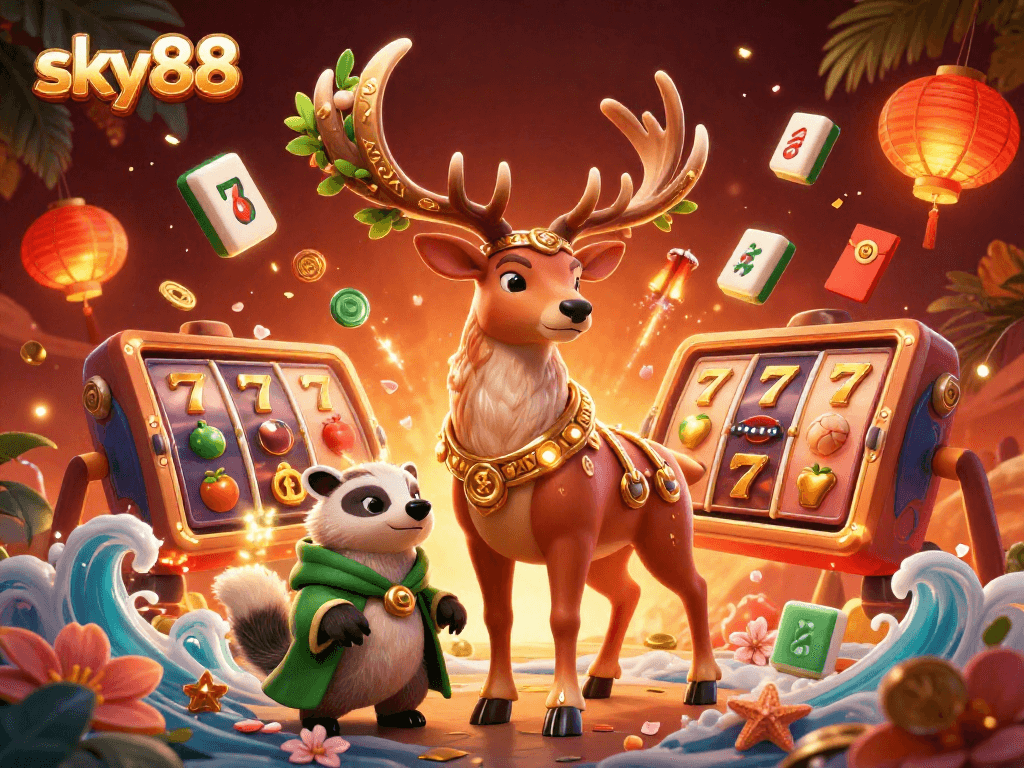 Experience the thrill of sky88 with a vibrant casino scene featuring a Celtic druid stag and spinning slot reels.