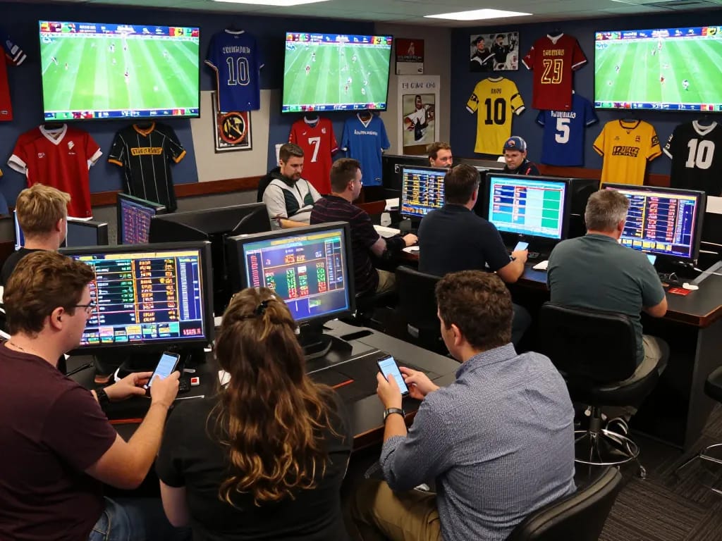 Betting excitement unfolds at 7m-7m sports lounge with active bettors analyzing odds.