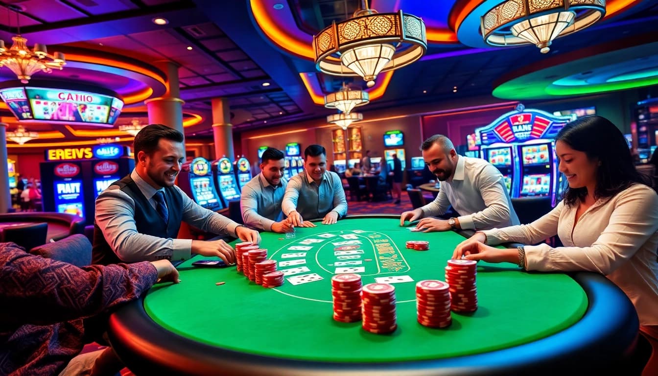 Players enjoying blackjack at PG66 casino table with vibrant casino decor