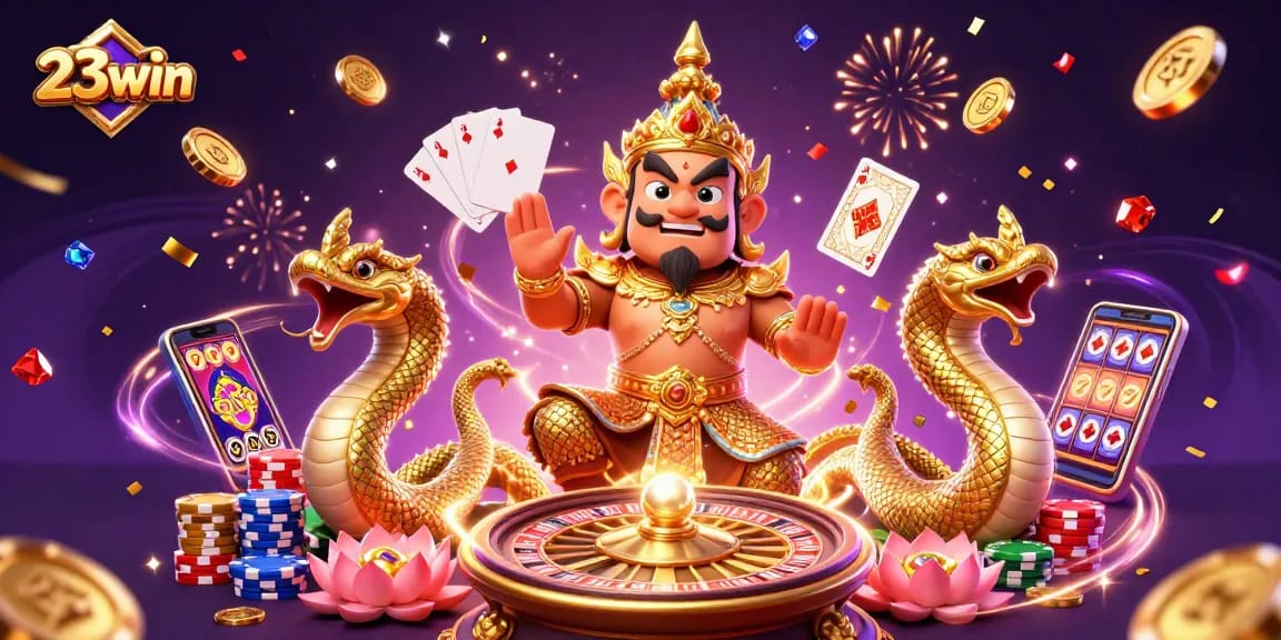 Experience the thrill of 23win with vibrant gaming elements in a 3D casino scene.