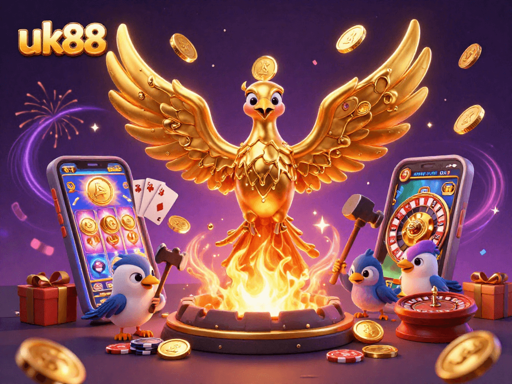 Experience the thrill of uk88 with a golden phoenix and vibrant gaming elements in a dynamic 3D scene.