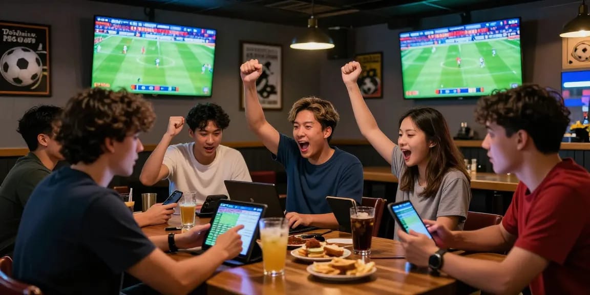 Exciting scene at https://soikeonhacai.com.co/ with fans analyzing betting odds during live matches.