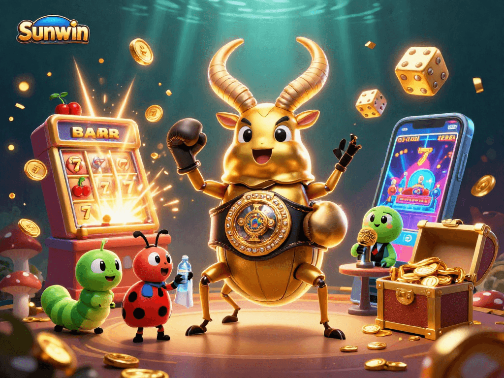 Win big at Sunwin with a dynamic illustration featuring a golden stag beetle champion and casino elements.