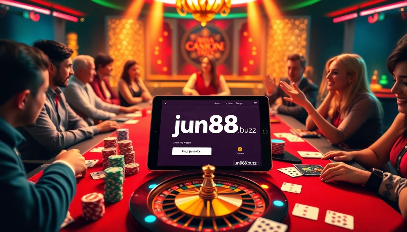 An engaging scene of players at a casino table with chips, cards, and the digital interface from https://jun88.buzz/ enhancing their gaming experience.