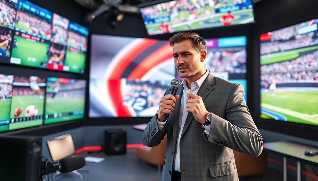 Engaging sports broadcasting scene with sportscaster discussing live action highlights.