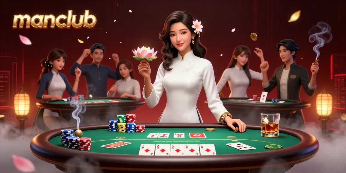 Experience thrilling gameplay at manclub with a vibrant scene of poker, chips, and festive elements.