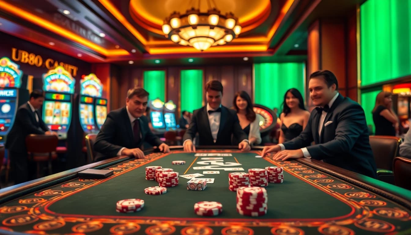 Engaged players enjoying a thrilling U888 casino experience at an elegant poker table.