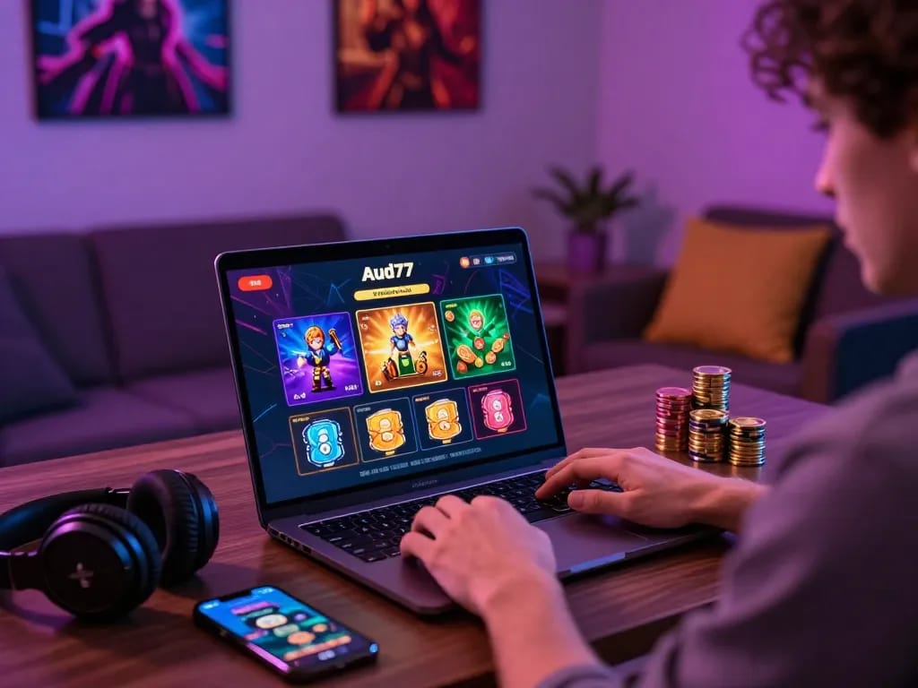 Player using the aud77 e-wallet on a laptop with vibrant online casino graphics and modern gaming setup.