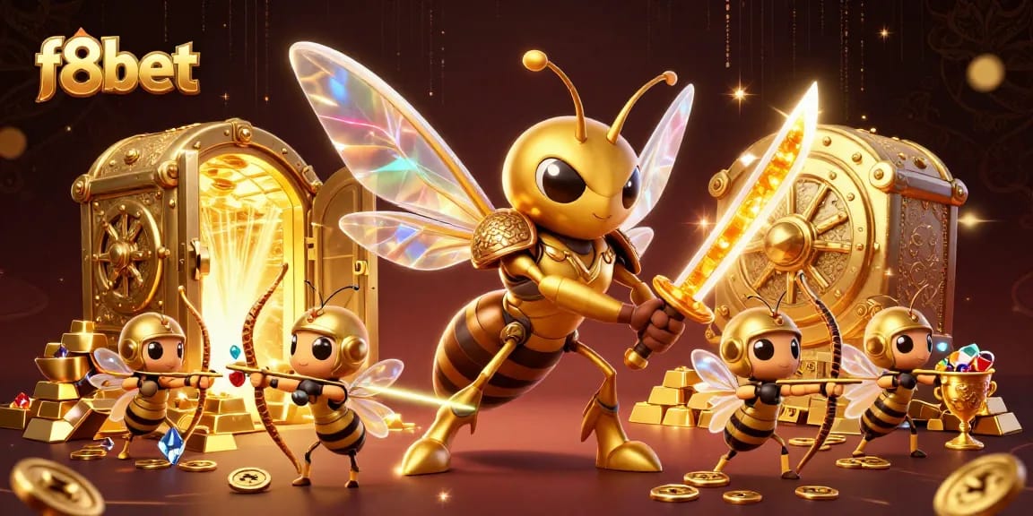 Immersive f8bet gaming scene showcasing golden hornet and bee archers amidst treasure and excitement.