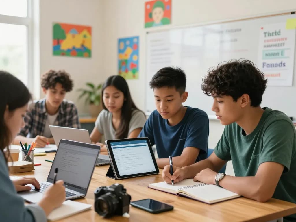 Schüler verwenden gemeinsam eine Hausaufgaben Löser-App in einem hellen, ansprechenden Klassenzimmer.