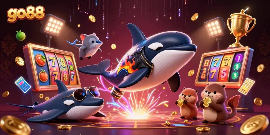 Win big with go88 in this vibrant, thrilling casino-themed scene featuring dynamic characters and rich elements.