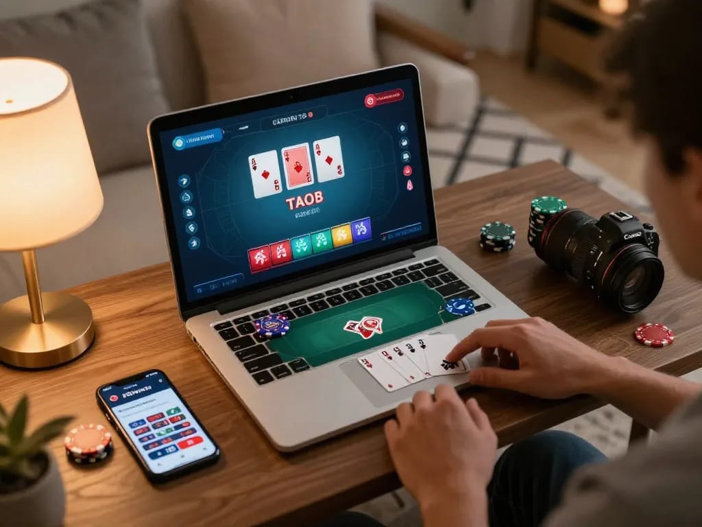 Player engaged with the 789club app during an online poker session at home, showcasing strategic gameplay.