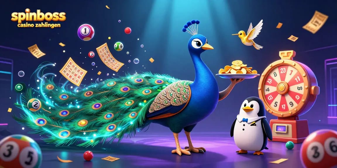Spinboss Casino Zahlungen: 3D-Illustration eines Aristokraten-Pfaus und eines Pinguin-Butlers mit goldenen Chips.