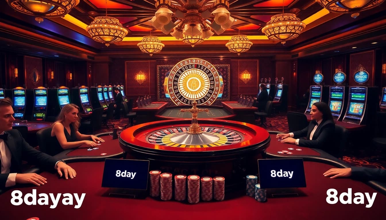 Experience the thrill of winning at 8day's luxurious casino with vibrant gaming tables and slot machines.